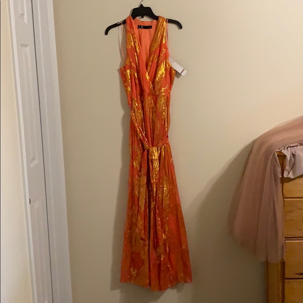 Floor length coral and gold dress